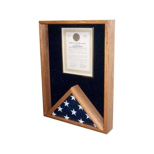 Elegant Certificate Holder and Flag Display Case made from solid oak or walnut, featuring a plexi glass front and crushed velvet background.