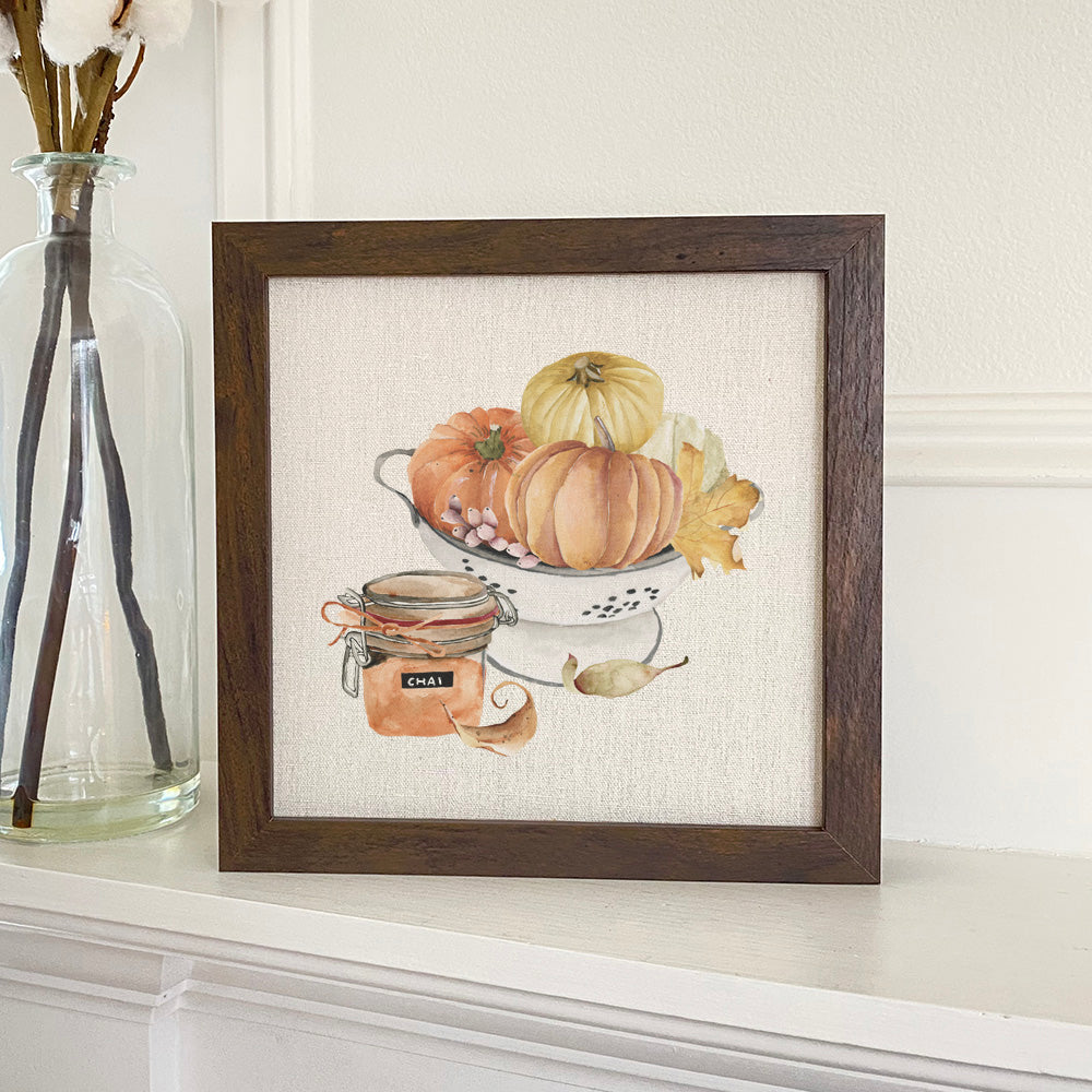 Chai Pumpkin Bowl framed sign with a wood frame and linen-look background, showcasing eco-friendly printing.