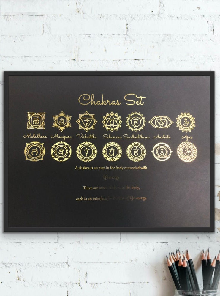 Chakras Set Foil Print featuring intricate Chakra symbols with shimmering foil accents, symbolizing balance and alignment.