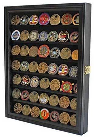 Elegant Challenge Coin and Casino Chip Display Case with 7 shelves and lockable glass door, showcasing military coins and casino chips.
