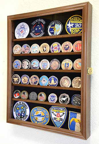 Handcrafted challenge coin display case made from Australian beech wood, featuring adjustable shelves and a black felt background.