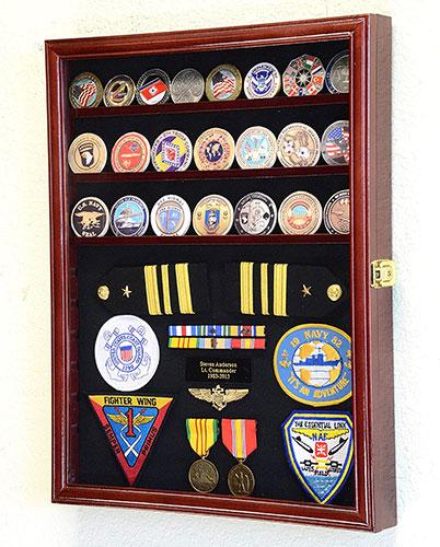 Handcrafted challenge coin display case made from Australian beech wood, featuring adjustable shelves and a pinnable background.
