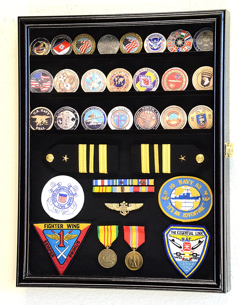 Handcrafted challenge coin display case made from Australian beech wood, featuring adjustable shelves and a black felt background.