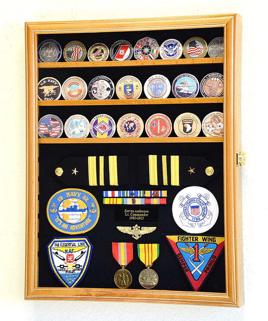 Handcrafted challenge coin display case made from Australian beech wood, featuring adjustable shelves and a black felt background.
