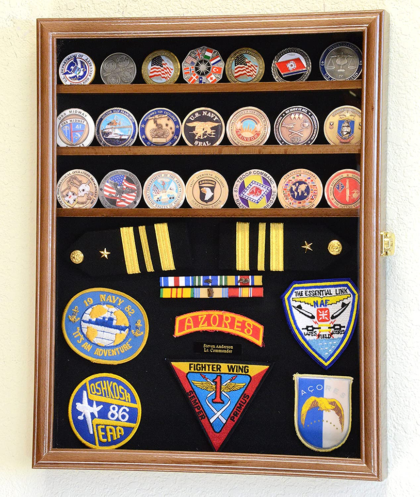 Handcrafted challenge coin display case made from Australian beech wood, featuring adjustable shelves and a black felt background.