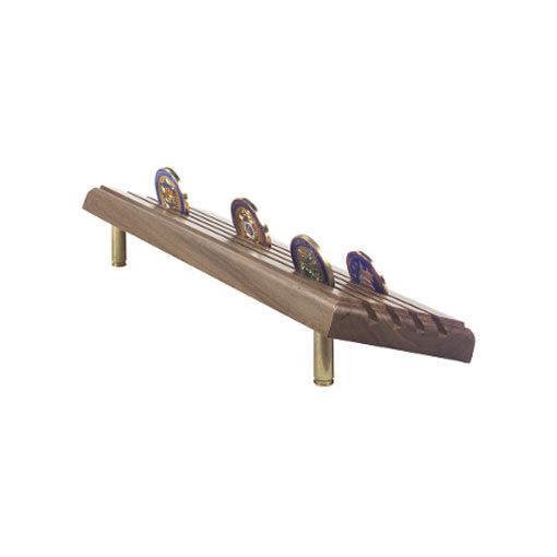 Handcrafted Challenge Coins Rack made of oak or cherry wood, displaying military challenge coins elegantly.