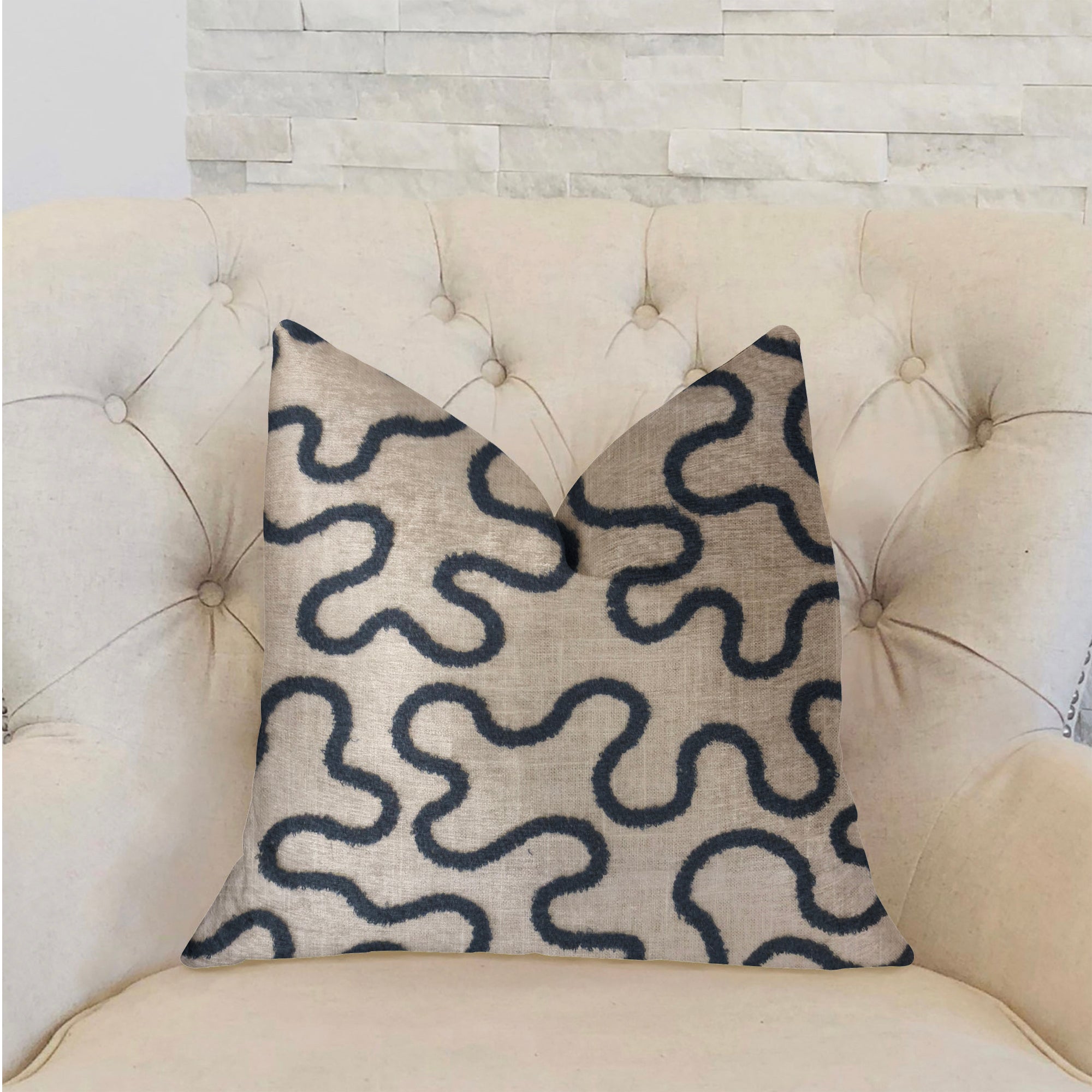Chandra Taal Blue and Beige Luxury Throw Pillow showcasing an abstract design with a blend of blue and beige colors, featuring an invisible zipper and double-sided fabric.