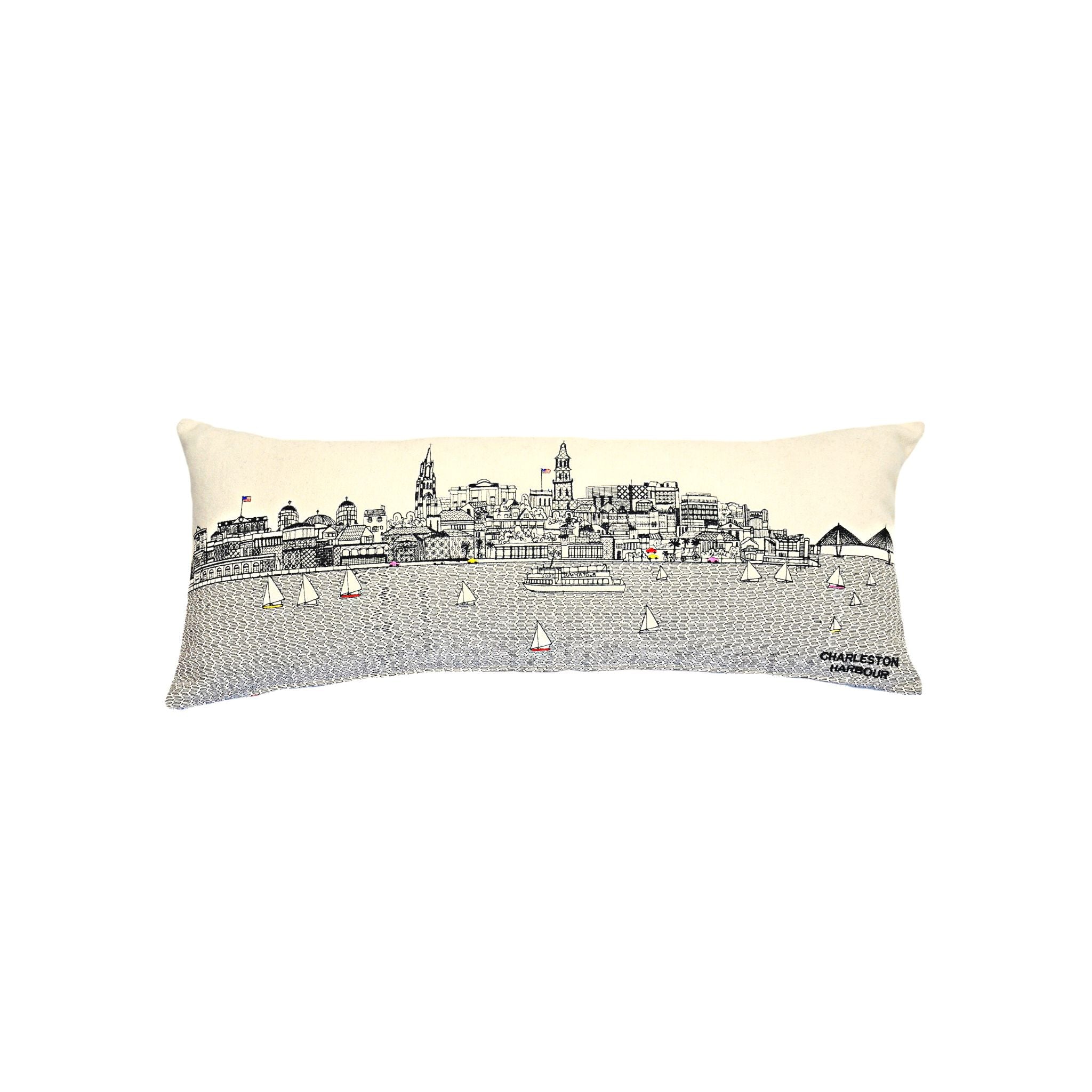 Charleston Pillow featuring a historic design inspired by South Carolina's Charleston, with a red zipper and soft wool blend fabric.