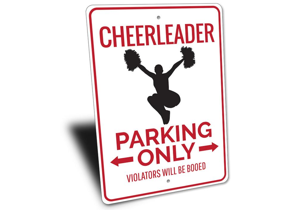 Cheerleader Parking Sign made of durable aluminum, featuring vibrant colors and customizable text, perfect for reserved parking spots.