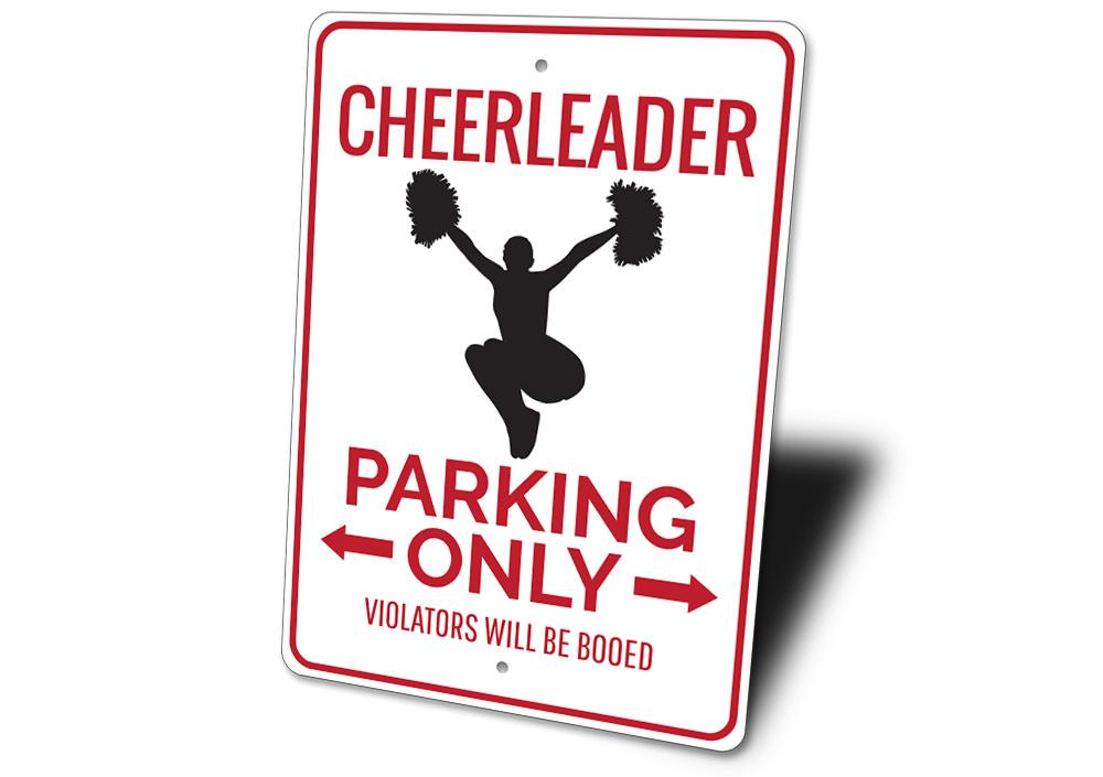 Cheerleader Parking Sign made of durable aluminum, featuring vibrant colors and customizable text, perfect for reserved parking spots.