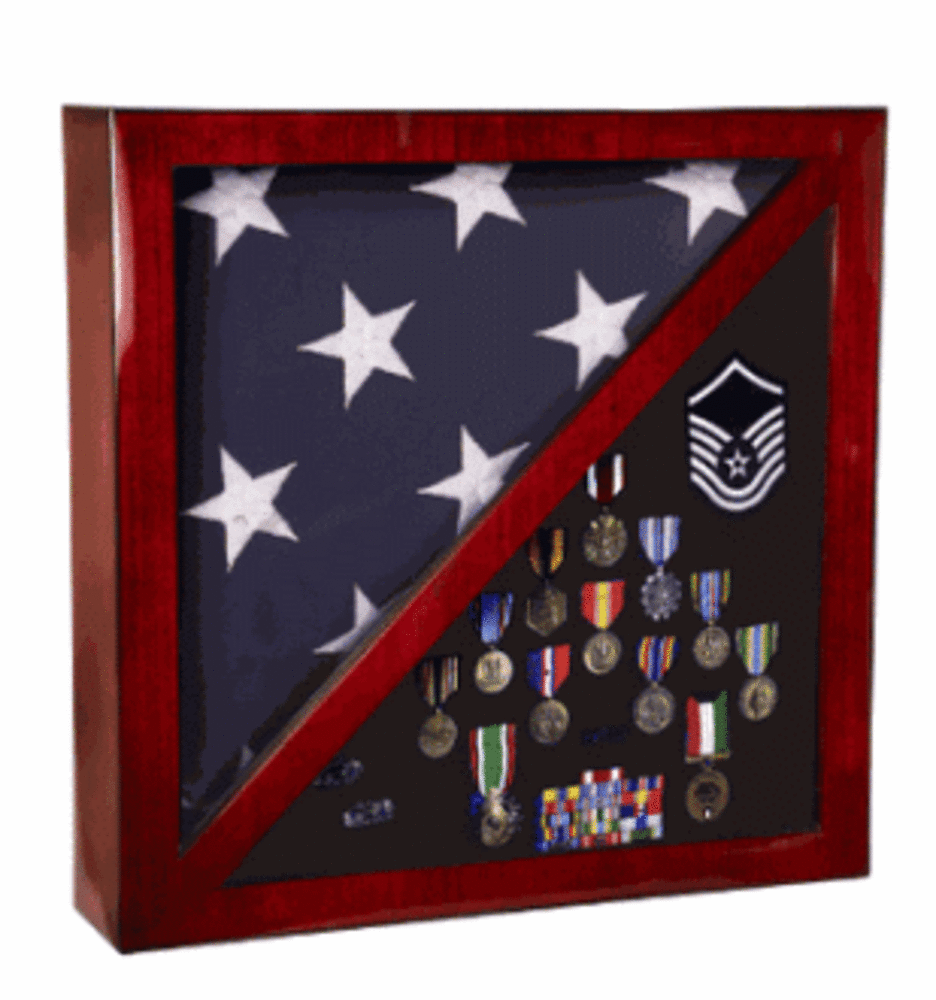 Cherry Flag and Medal Display Case made of premium wood, featuring a clear front and black velvet lining, designed to hold military flags and medals.