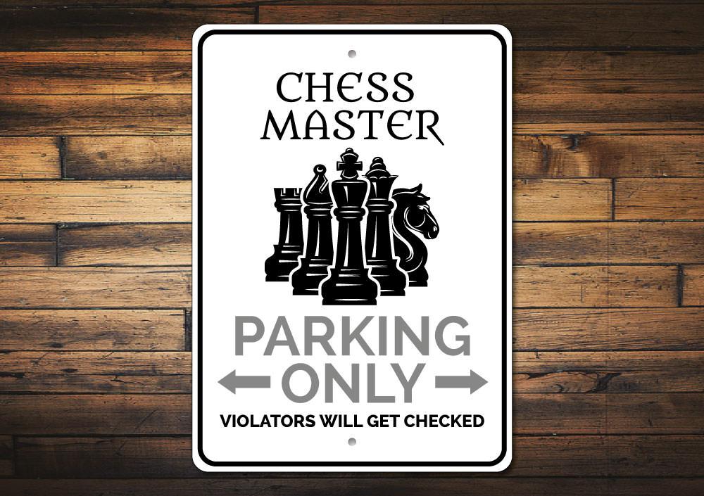 Chess Master Parking Sign made of durable aluminum, featuring a unique design for reserved parking, with pre-drilled holes for easy mounting.