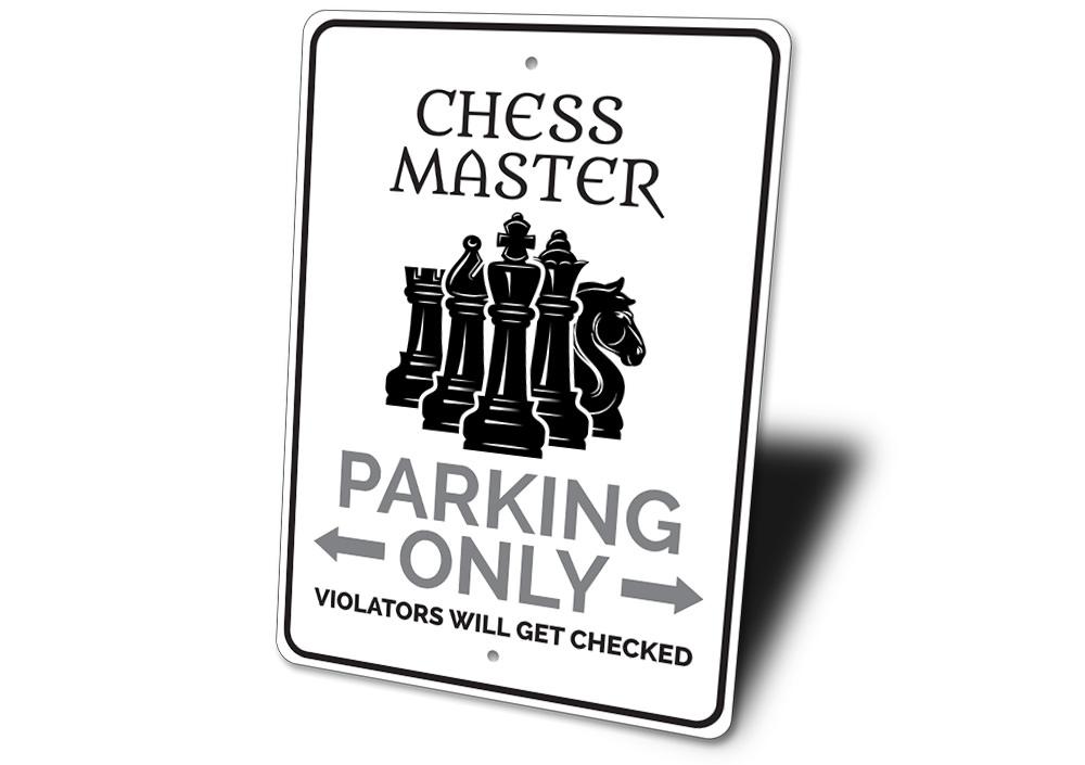 Chess Master Parking Sign made of durable aluminum, featuring a unique design for reserved parking, with pre-drilled holes for easy mounting.