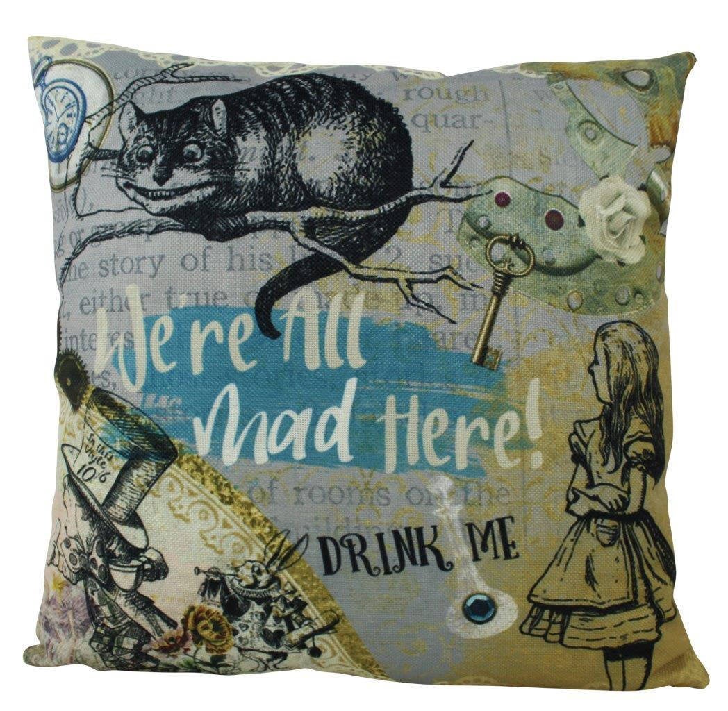 Cheshire Cat pillow cover featuring a whimsical steam punk design, showcasing vibrant colors and a concealed zipper, perfect for home decor.