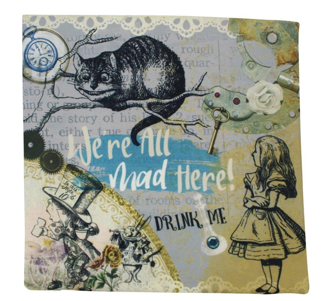 Cheshire Cat pillow cover featuring a whimsical steam punk design, showcasing vibrant colors and a concealed zipper, perfect for home decor.