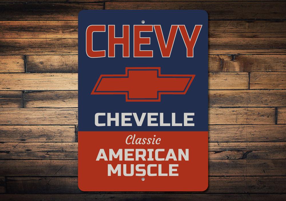 Chevelle American Muscle Sign made from high-quality aluminum, featuring vibrant colors and customizable text, perfect for garages and man caves.