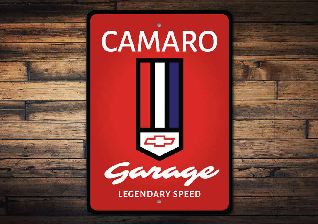 Chevy Camaro Garage Sign made of high-quality aluminum, featuring vibrant colors and customizable text options, perfect for car enthusiasts.