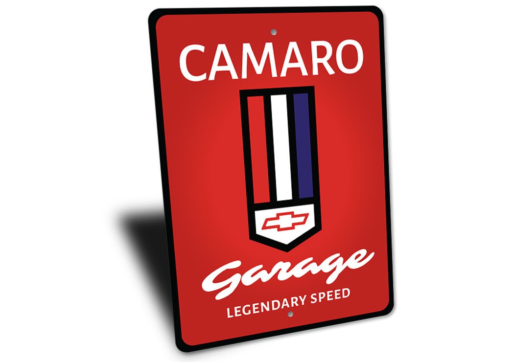 Chevy Camaro Garage Sign made of high-quality aluminum, featuring vibrant colors and customizable text options, perfect for car enthusiasts.