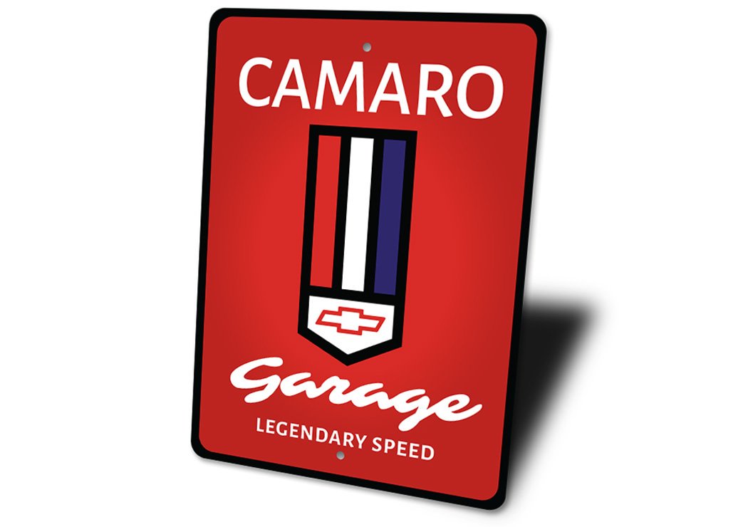 Chevy Camaro Garage Sign made of high-quality aluminum, featuring vibrant colors and customizable text options, perfect for car enthusiasts.
