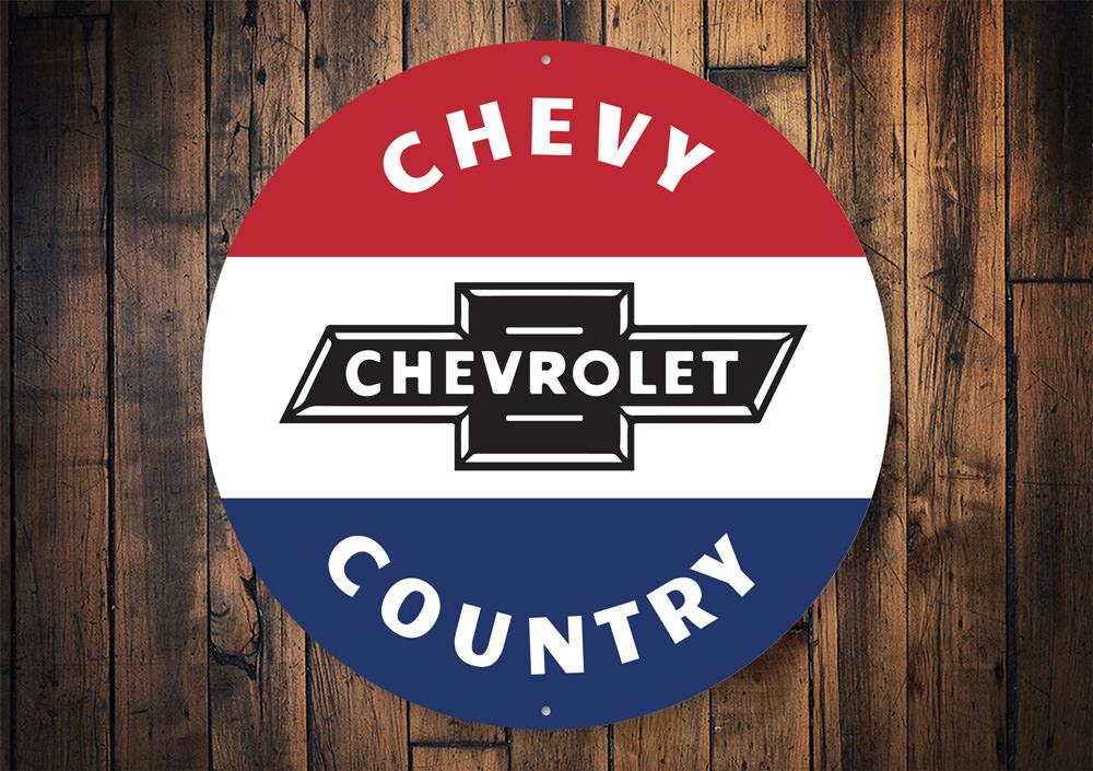 Chevy Country Car Sign featuring iconic Chevy logos and designs, perfect for garages and man caves.