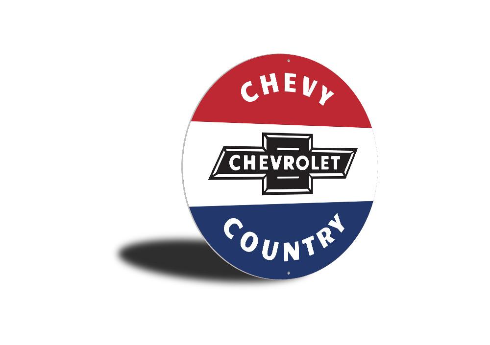 Chevy Country Car Sign featuring iconic Chevy logos and designs, perfect for garages and man caves.