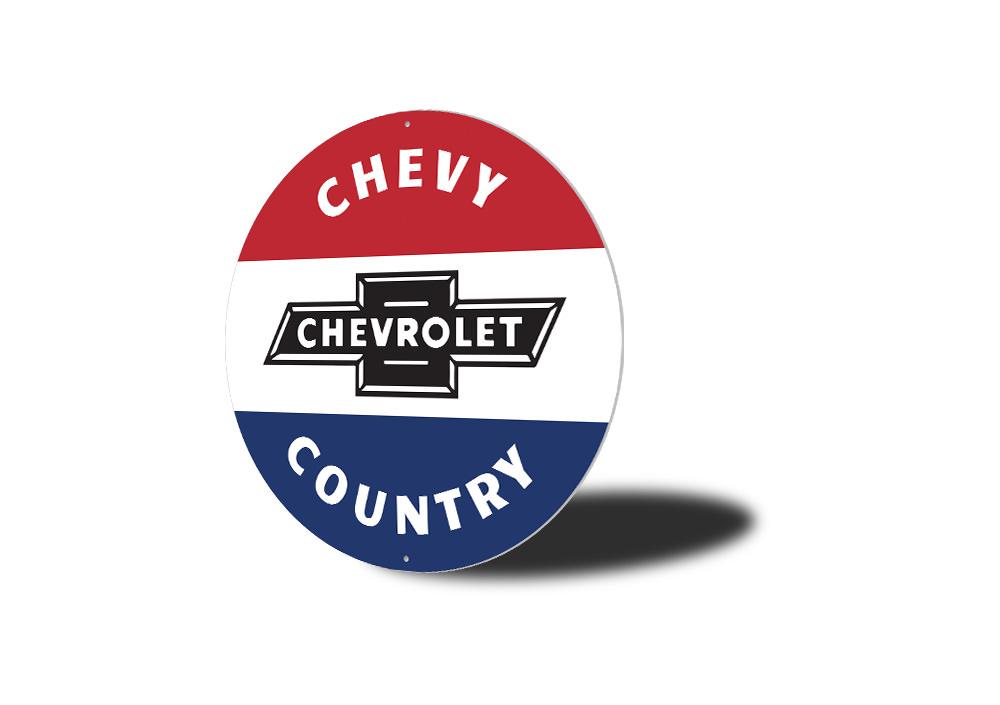 Chevy Country Car Sign featuring iconic Chevy logos and designs, perfect for garages and man caves.