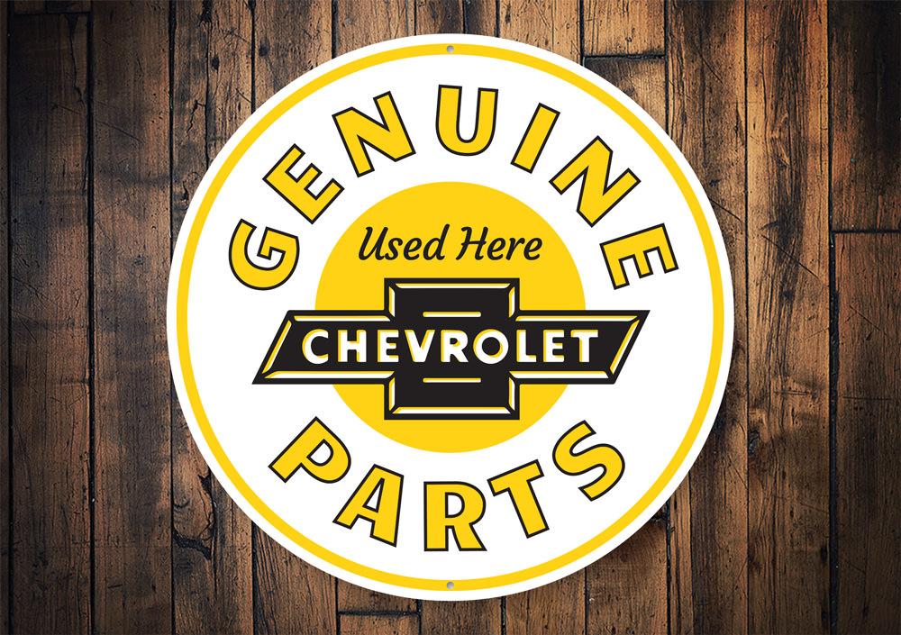 Chevy Genuine Parts Car Sign featuring iconic Chevy models, made from durable aluminum with customizable options.
