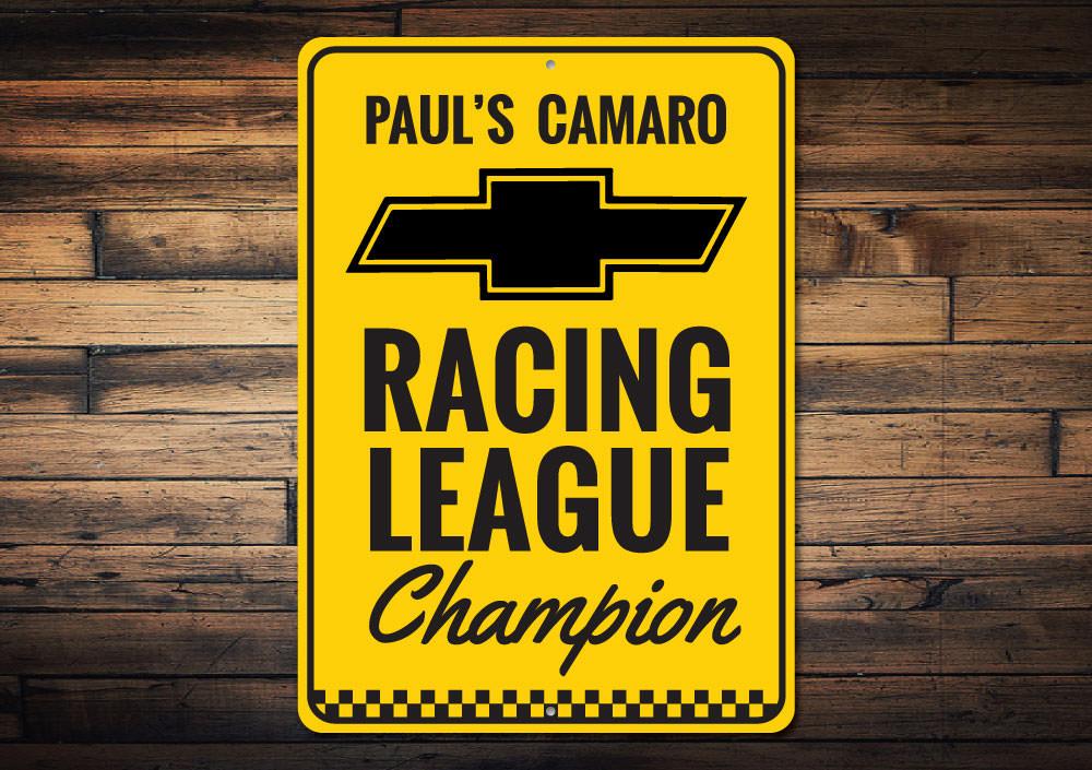 Chevy Racing League Champion Sign made of high-quality aluminum, featuring customizable text and pre-drilled holes for easy mounting.