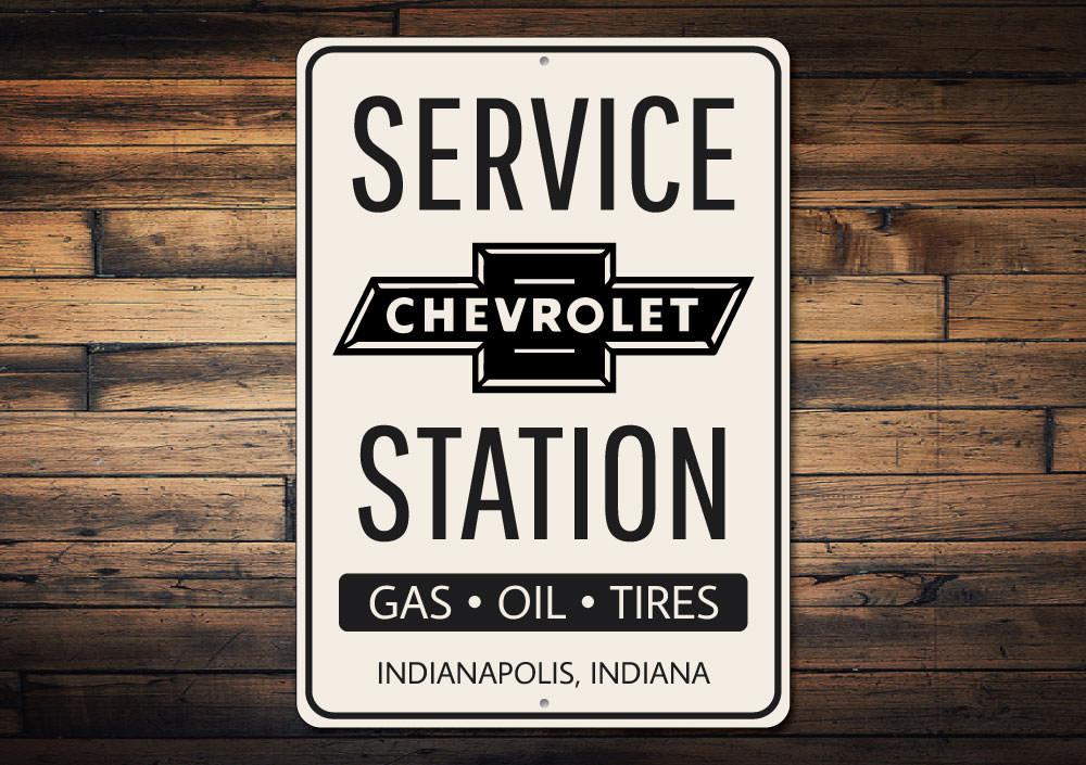 A vibrant Chevy Service Station Sign made of high-quality aluminum, featuring classic Chevy branding, perfect for garages and man caves.
