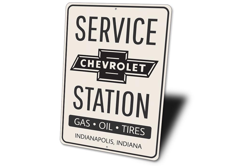 A vibrant Chevy Service Station Sign made of high-quality aluminum, featuring classic Chevy branding, perfect for garages and man caves.