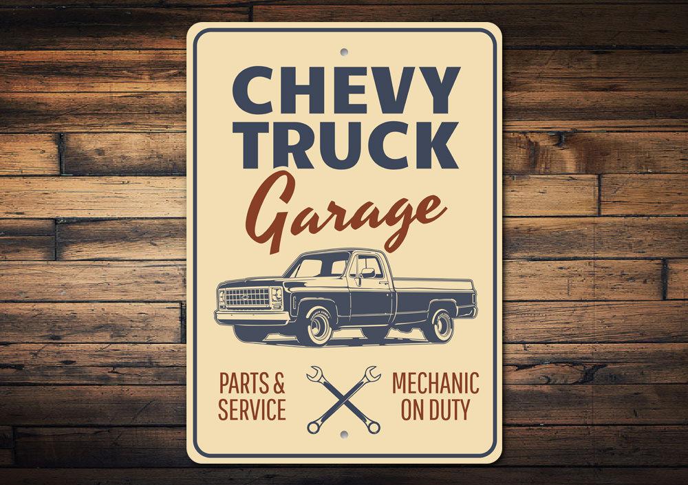 Custom Chevy Truck Garage Sign made from durable aluminum, featuring pre-drilled holes for easy mounting.