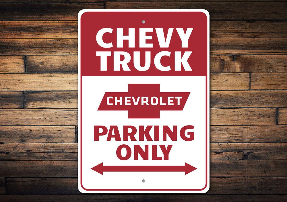 Chevy Truck Parking Sign made of high-quality aluminum, featuring a classic design perfect for garages or man caves.