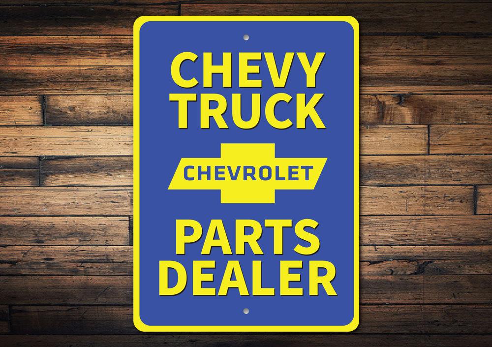 Chevy Truck Parts Sign made of durable aluminum, featuring customizable text and pre-drilled holes for easy mounting.