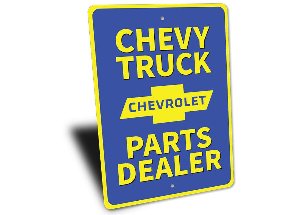 Chevy Truck Parts Sign made of durable aluminum, featuring customizable text and pre-drilled holes for easy mounting.