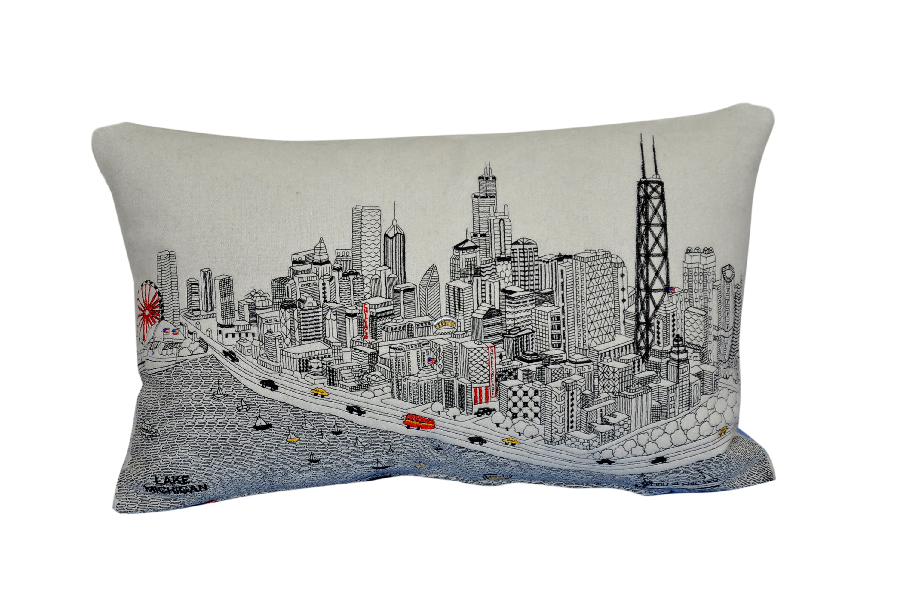 Chicago Pillow featuring iconic city landmarks in vibrant colors and intricate patterns, made from wool with a red zipper.