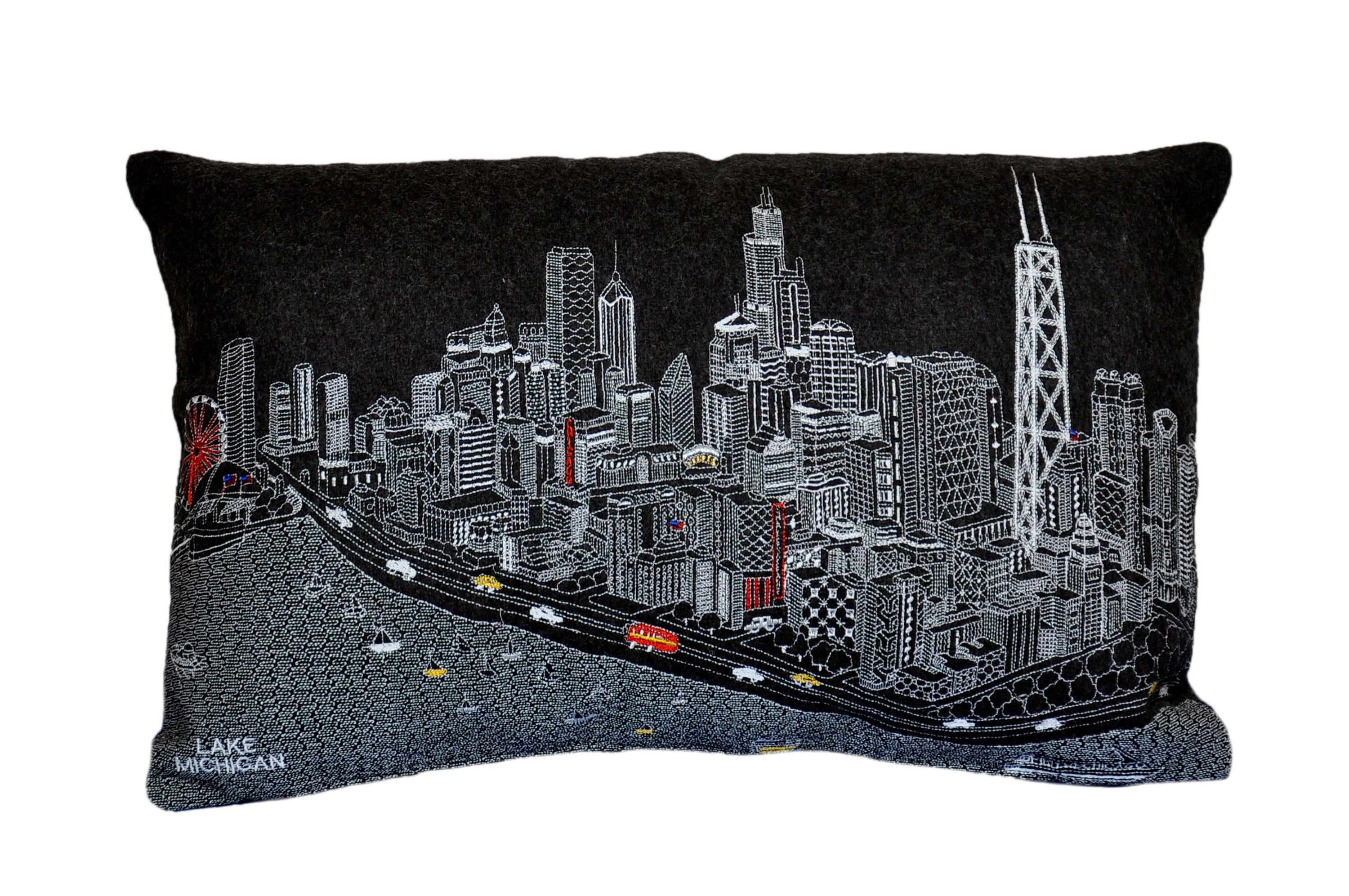 Chicago Pillow featuring iconic city landmarks in vibrant colors and intricate patterns, made from wool with a red zipper.