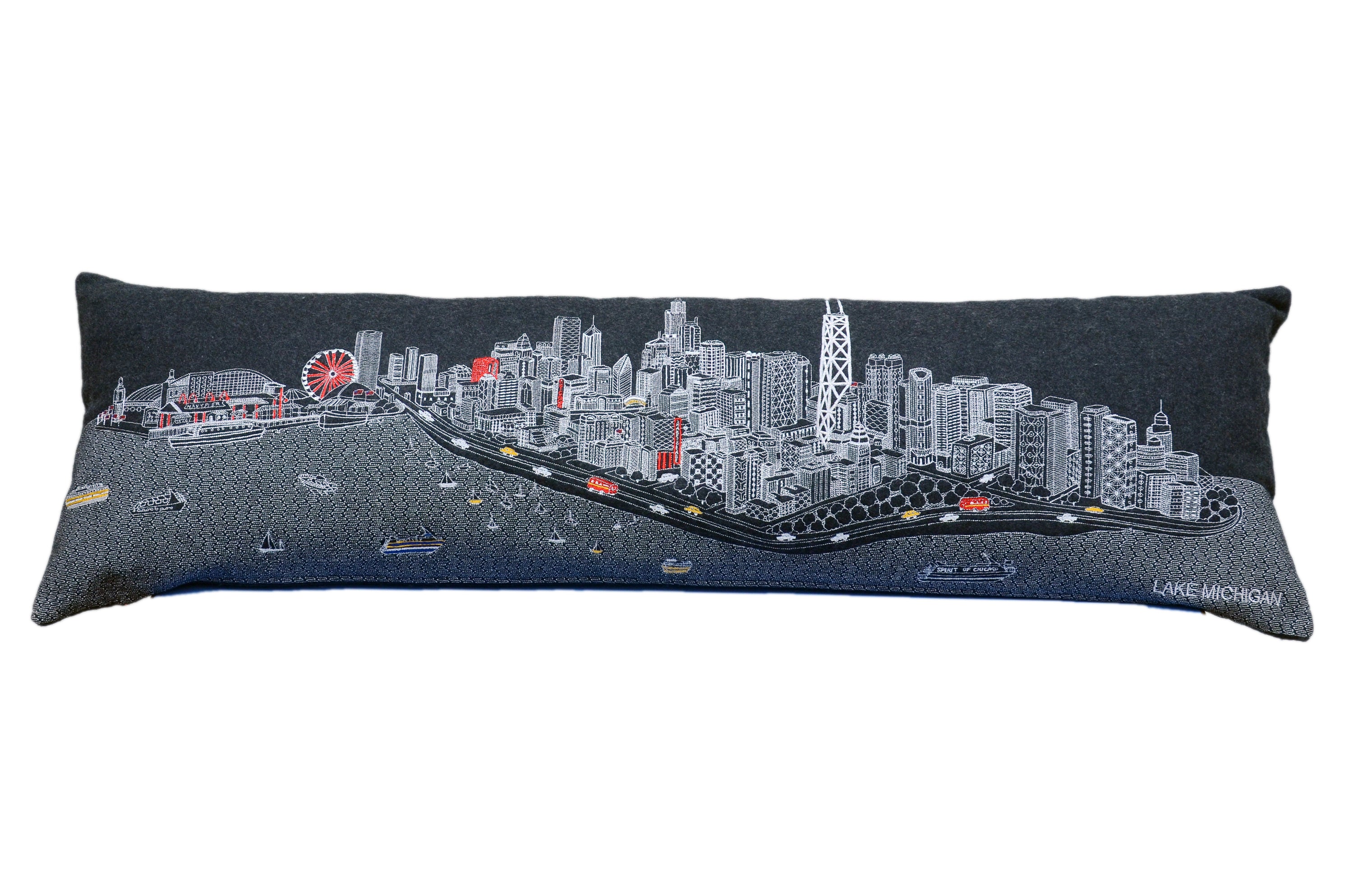 Chicago Pillow featuring iconic city landmarks in vibrant colors and intricate patterns, made from wool with a red zipper.