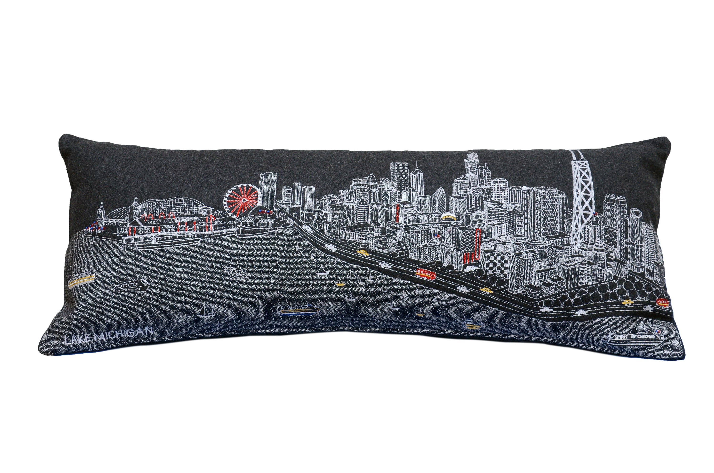 Chicago Pillow featuring iconic city landmarks in vibrant colors and intricate patterns, made from wool with a red zipper.