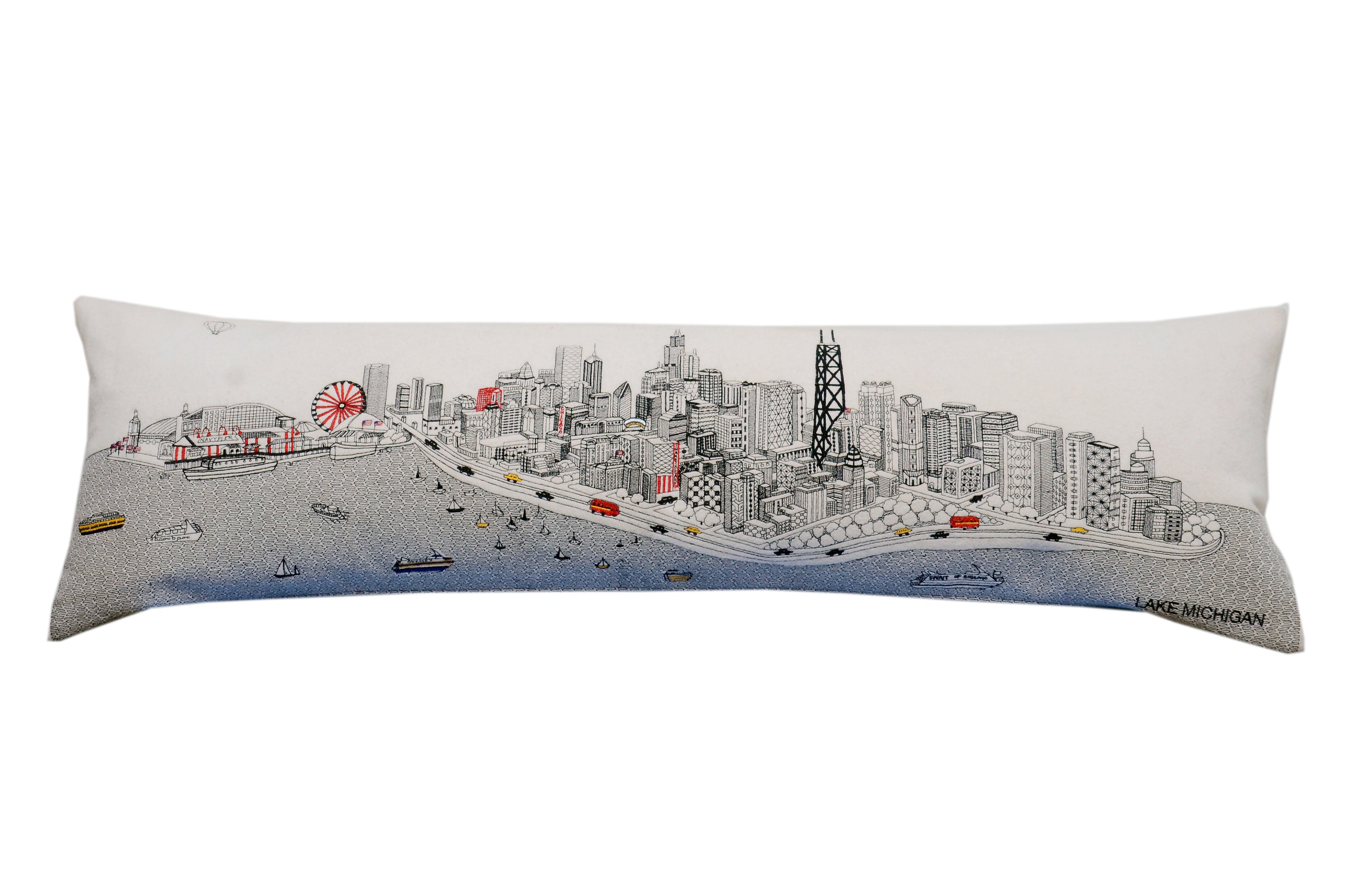 Chicago Pillow featuring iconic city landmarks in vibrant colors and intricate patterns, made from wool with a red zipper.