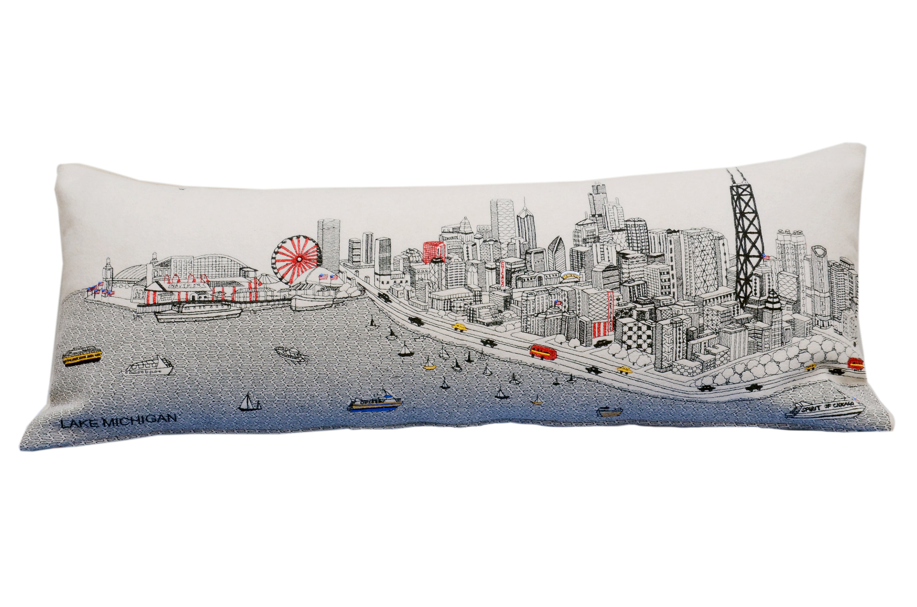 Chicago Pillow featuring iconic city landmarks in vibrant colors and intricate patterns, made from wool with a red zipper.