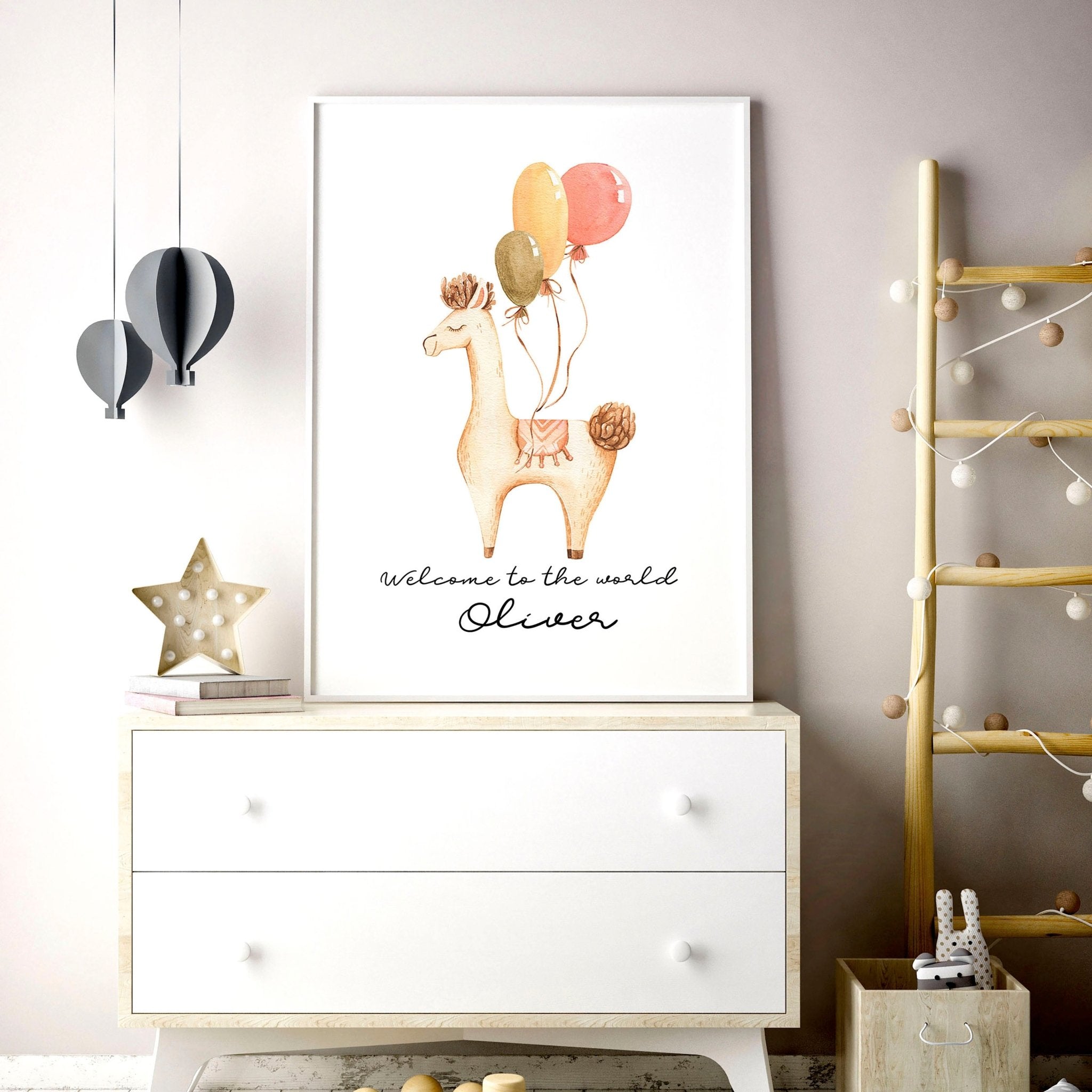 Charming Llama wall art print for nursery decor, featuring a cute Llama surrounded by whimsical elements in soft colors.