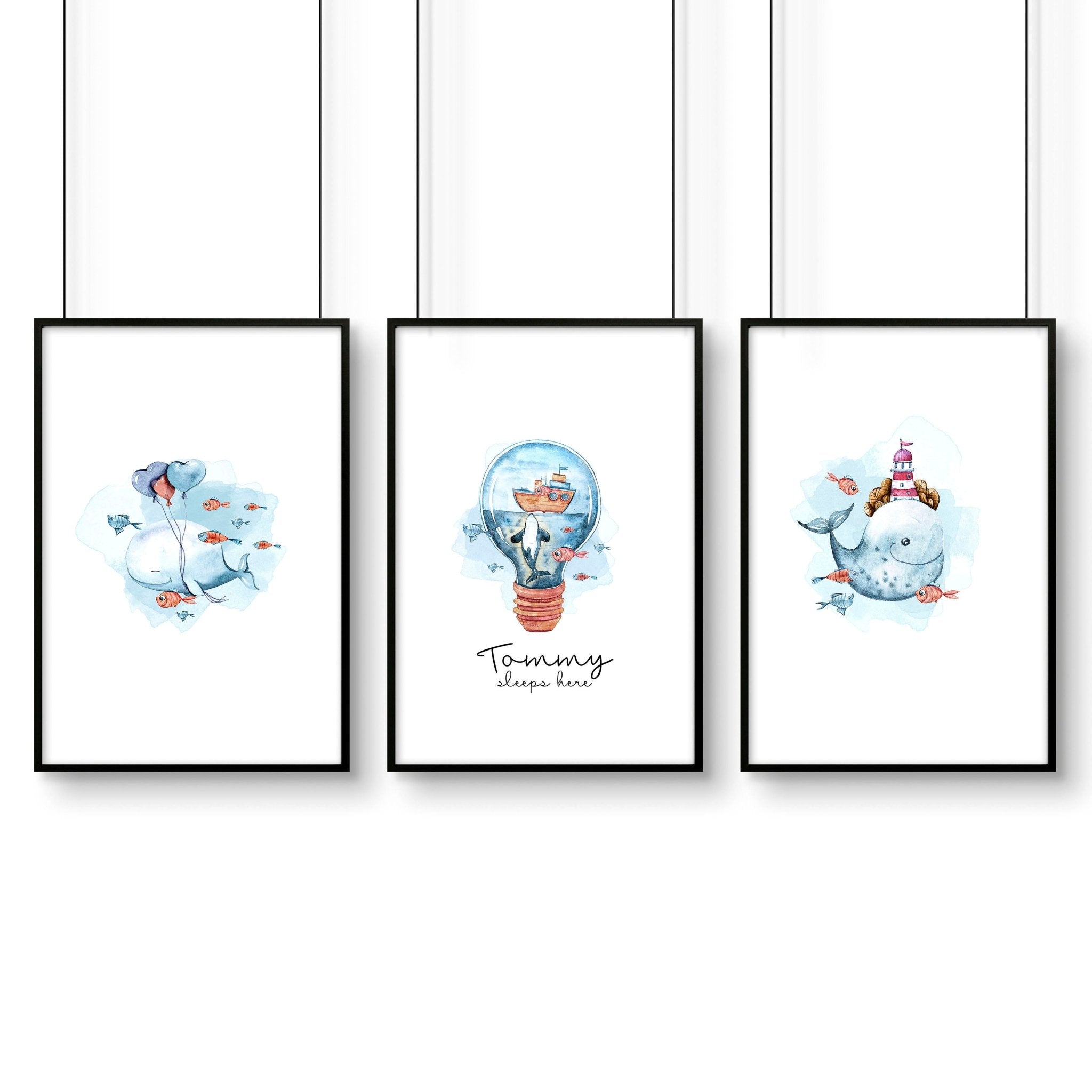 Set of 3 nautical wall art prints featuring majestic whales and enchanting ocean elements, perfect for a child's nursery or playroom.