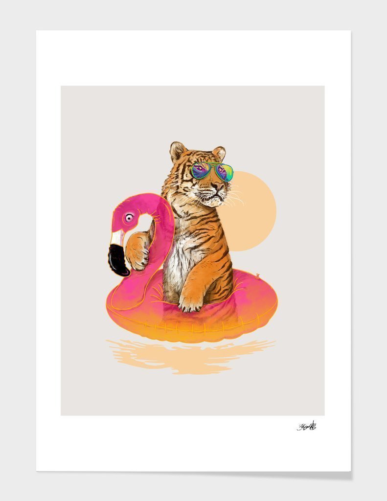 Chillin (Flamingo Tiger) Frame showcasing vibrant artwork, featuring solid wood construction and shatterproof acrylic protection.