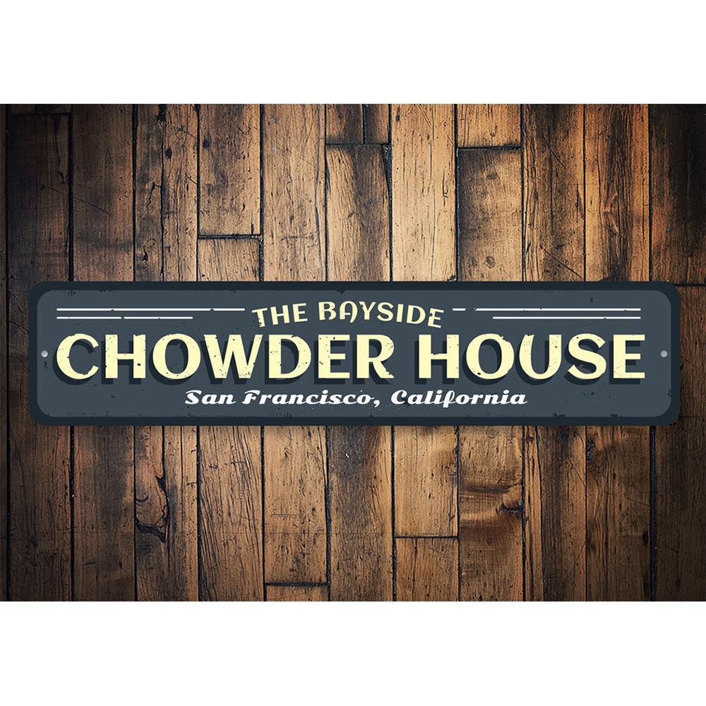 A beautifully crafted Chowder House Sign made of high-quality aluminum, featuring customizable text and a coastal design, perfect for beach houses and seafood restaurants.