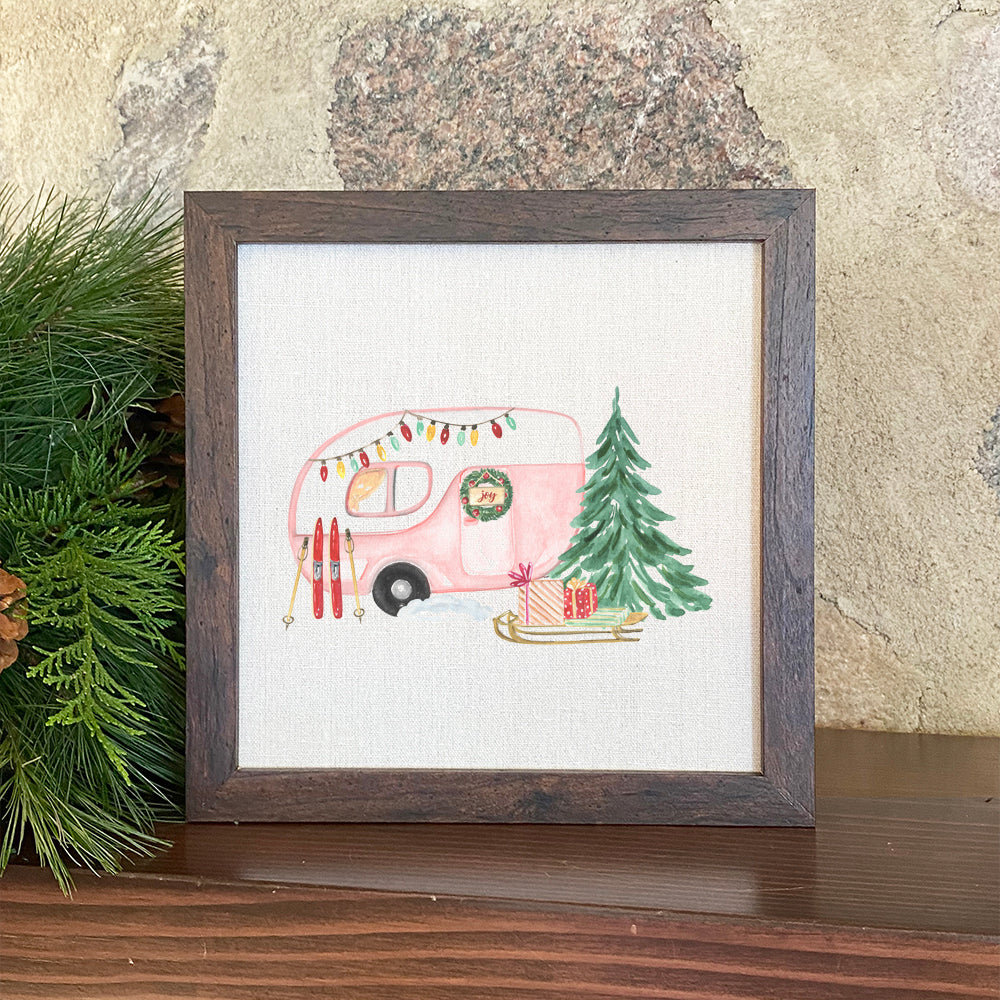 Christmas Camper framed sign with a wood frame and linen-look background, perfect for holiday decor.