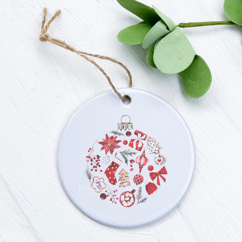 A beautifully designed Christmas Collage Ornament made of high-quality porcelain, featuring vibrant colors and a glossy finish, perfect for holiday decor.