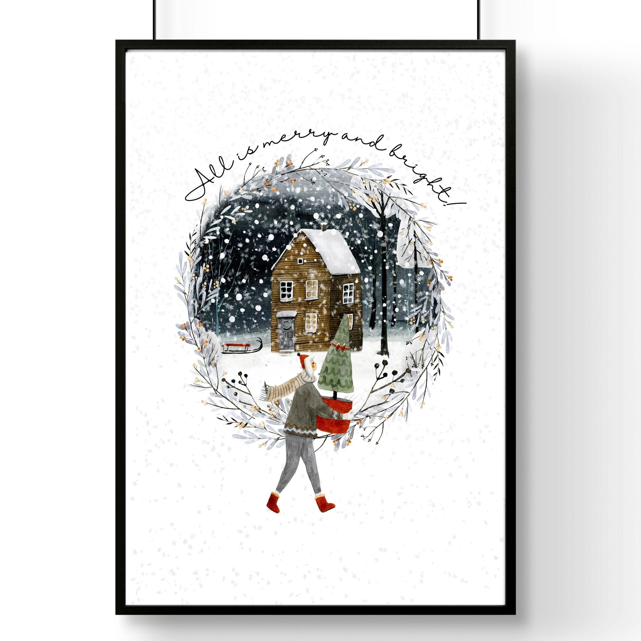 Scandinavian Christmas wall art print featuring a snowy village scene with a person carrying a Christmas tree, perfect for festive home decor.