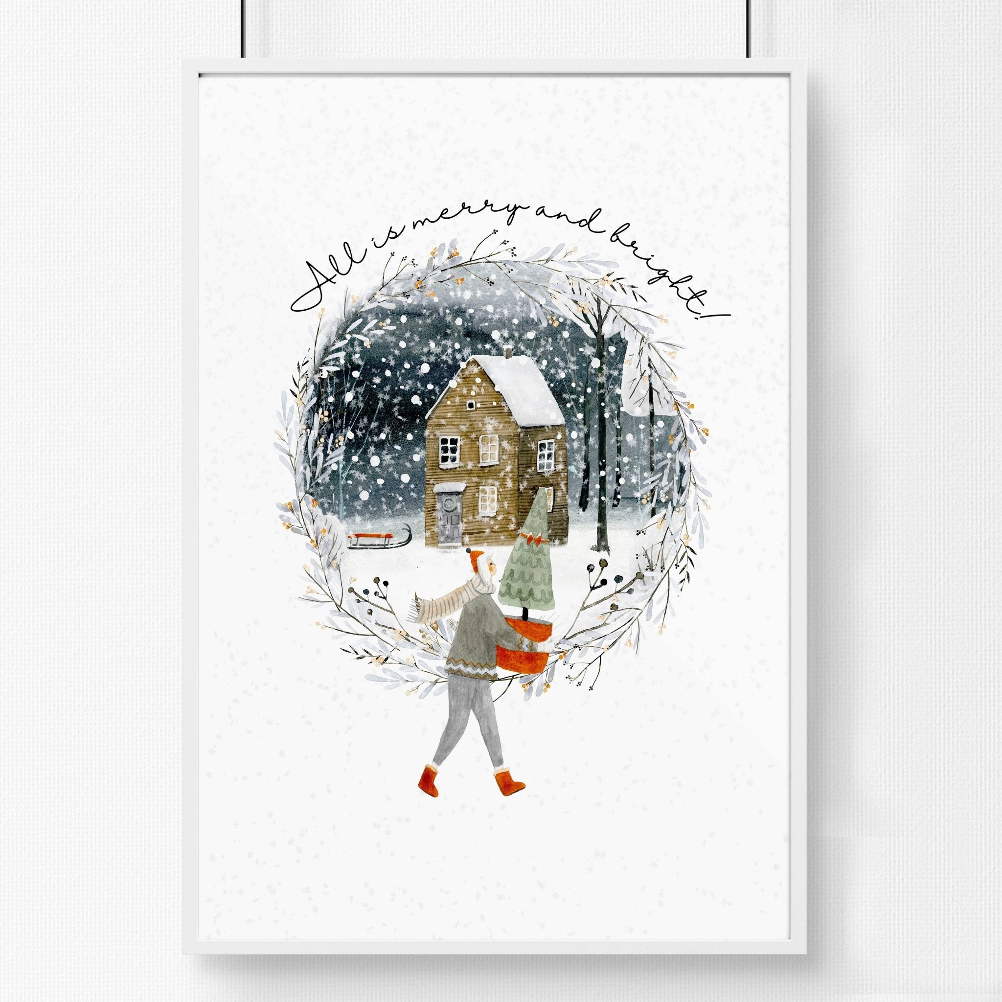 Scandinavian Christmas wall art print featuring a snowy village scene with a person carrying a Christmas tree, perfect for festive home decor.