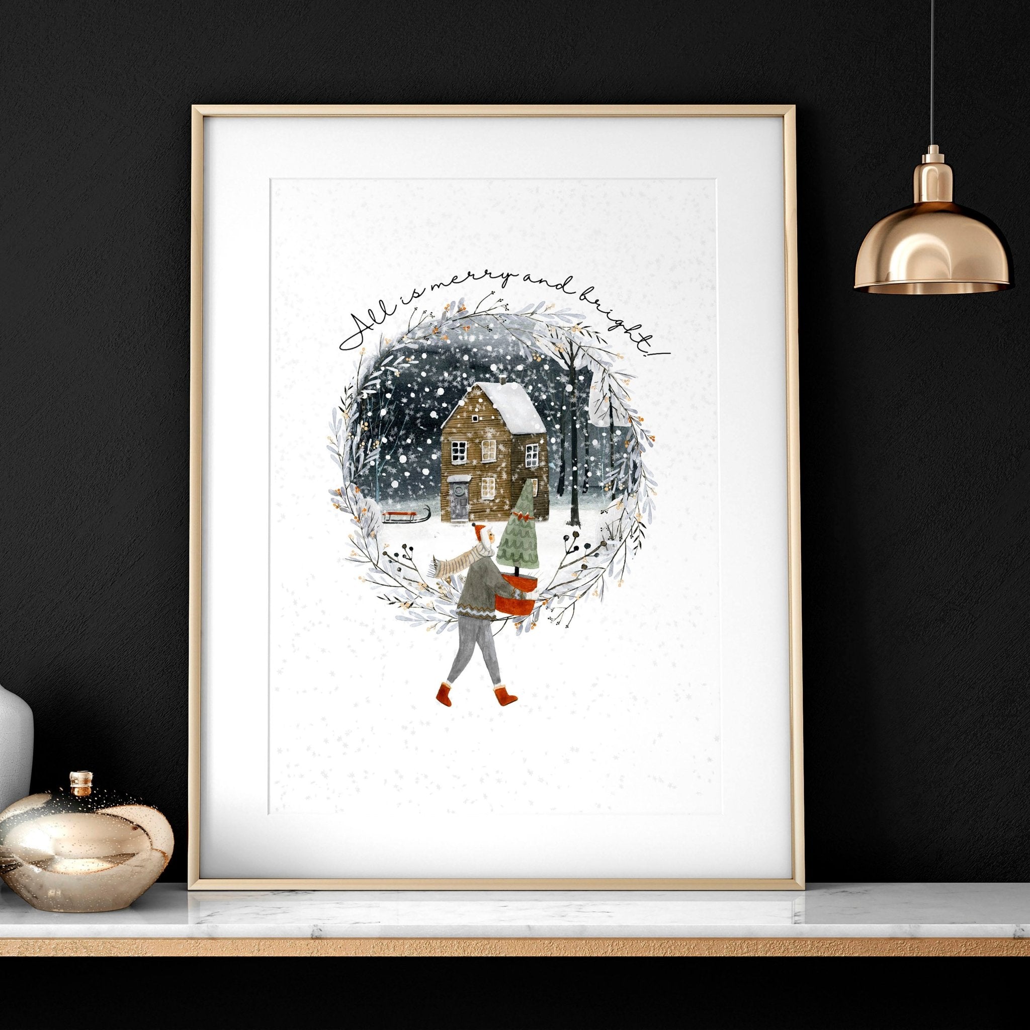 Scandinavian Christmas wall art print featuring a snowy village scene with a person carrying a Christmas tree, perfect for festive home decor.