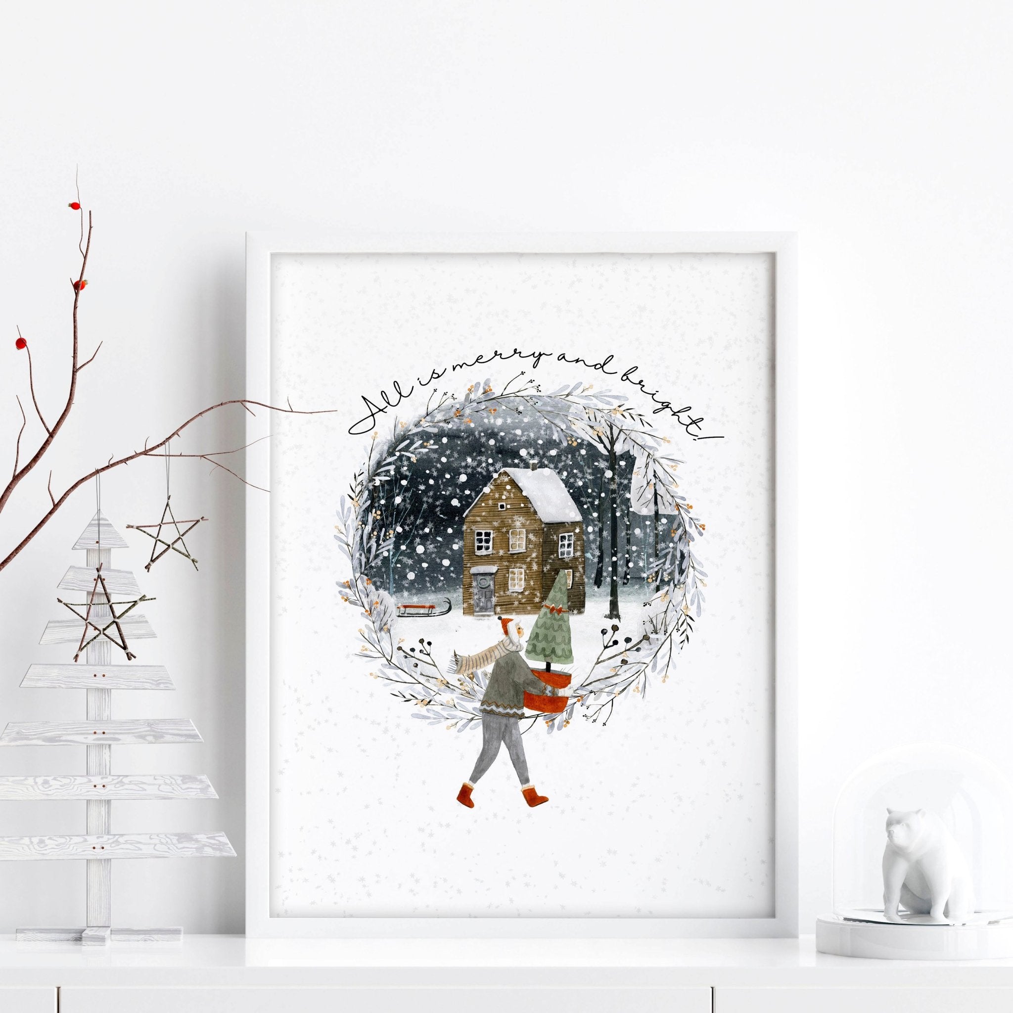 Scandinavian Christmas wall art print featuring a snowy village scene with a person carrying a Christmas tree, perfect for festive home decor.